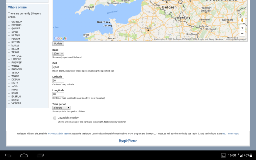 Die Optionen für die WSPR Kartendarstellung