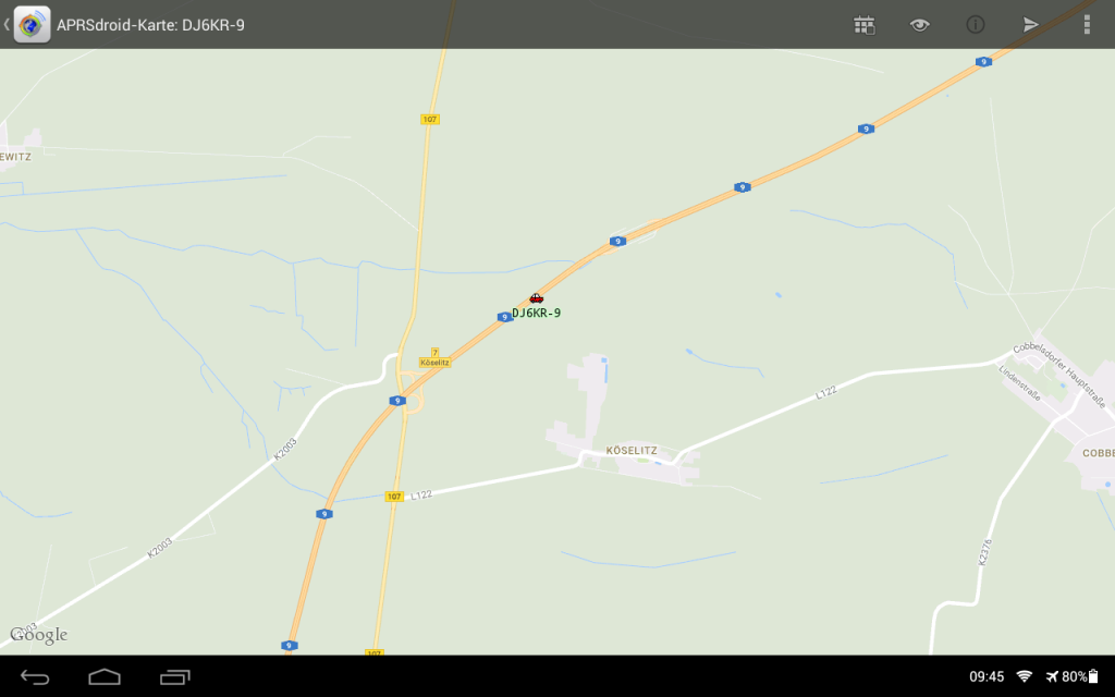 Die Kartenansicht der APRSDroid App